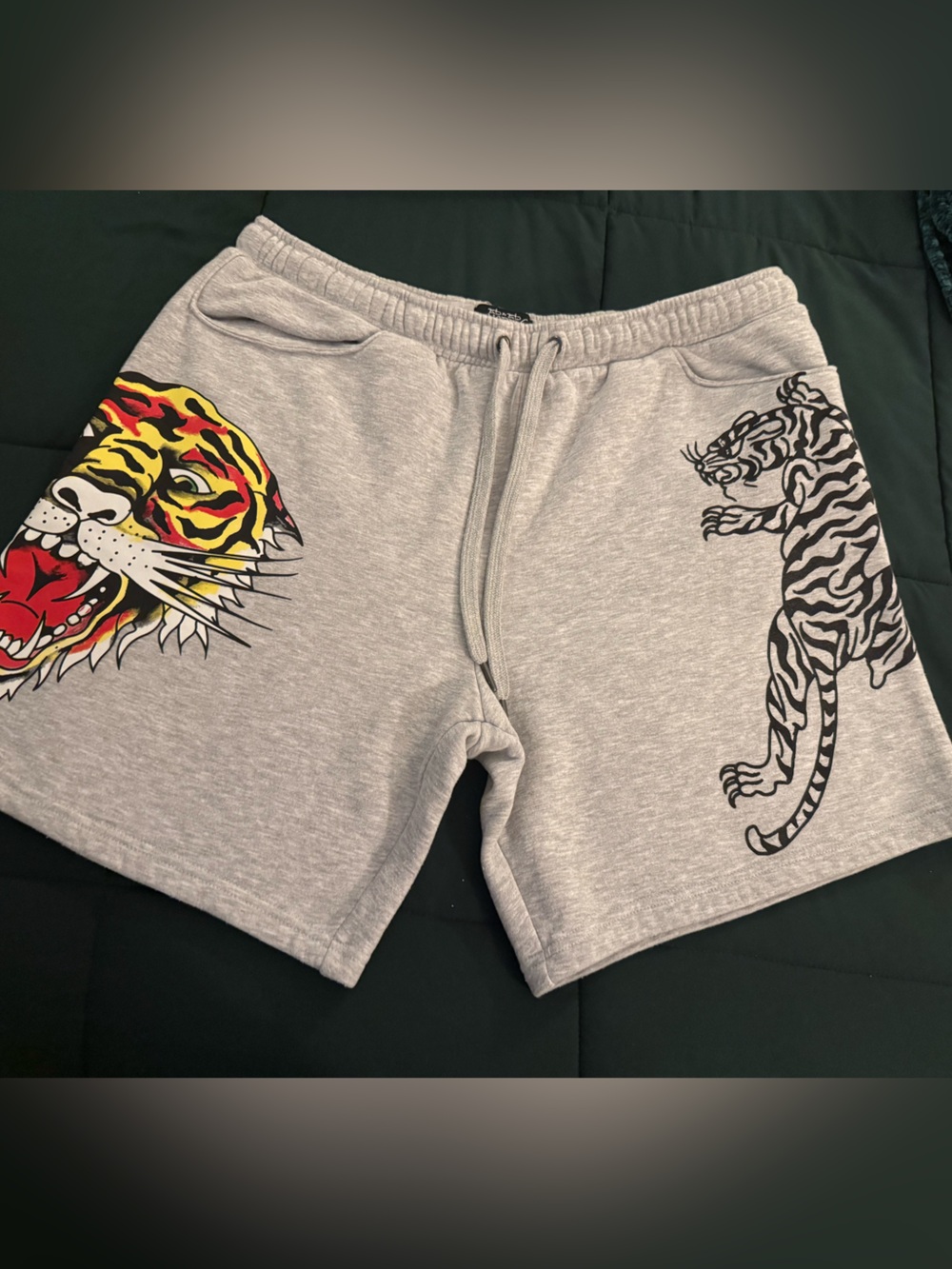 Ed Hardy Grey Shorts with Colorful Tiger Head and White Tiger Graphic *NWT
